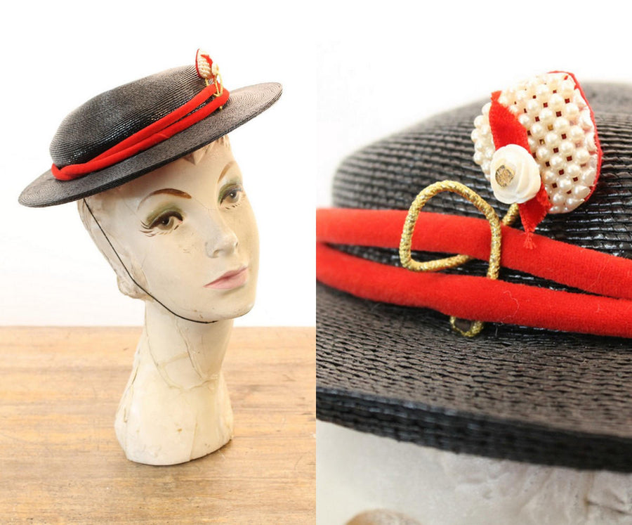 1950s Bon Marche straw boater hat | pearl heart tilt hat