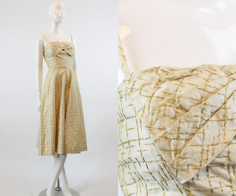 50s Dress Gold Stitch XS / 1950s Vintage Jeane Scott Party Dress / Golden Crosshatch Dress