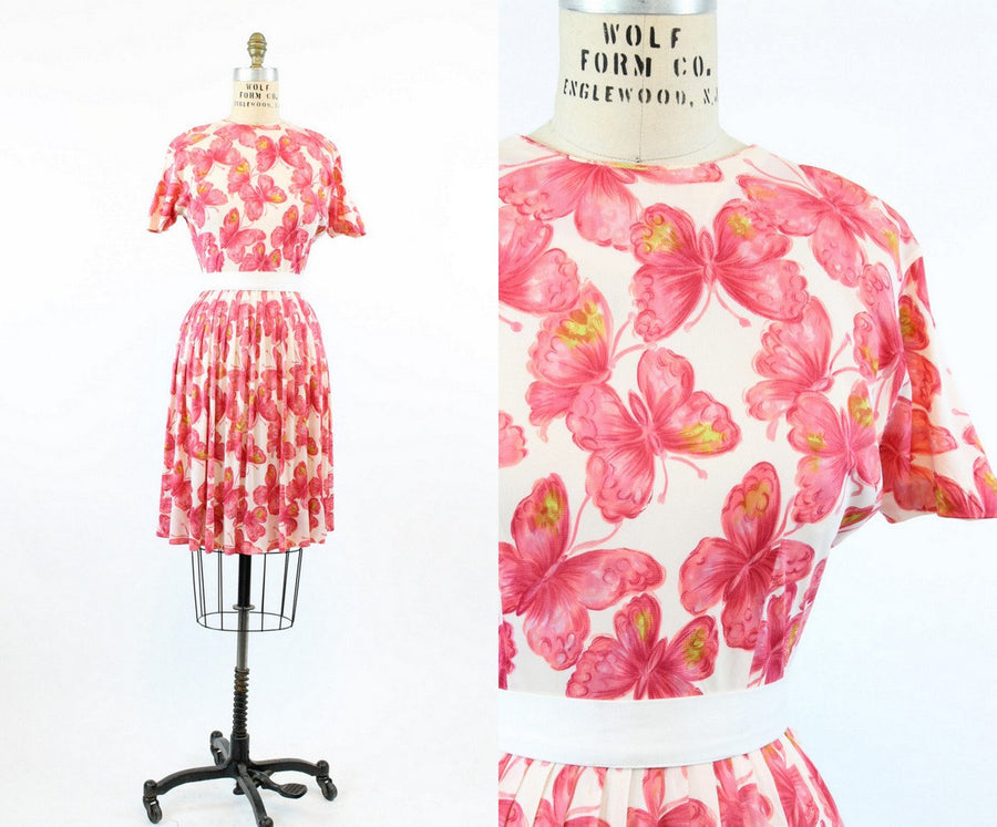 1950s butterfly print dress xs | vintage novelty print dress