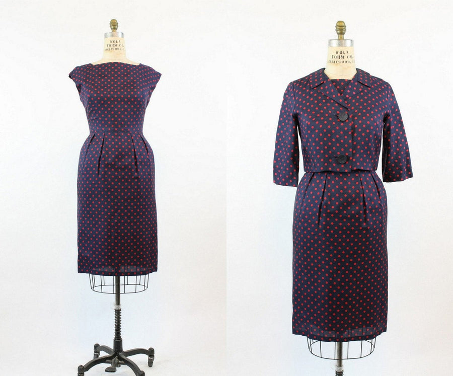 1950's polka dot silk dress and jacket medium | vintage two piece set