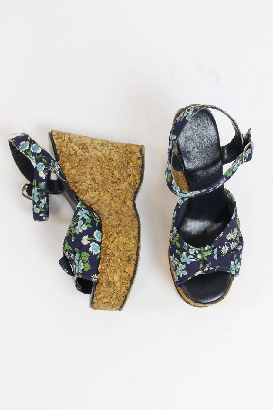 1970s cork sandals shoes size 5.5 us | vintage floral peep toe wedges platforms