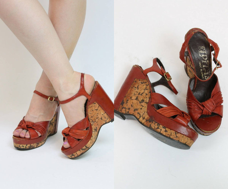 1970s Shoes ElDita's Platforms Size 8.5 /  70s Vintage Cork Wedges /  Cherry Red Shoes