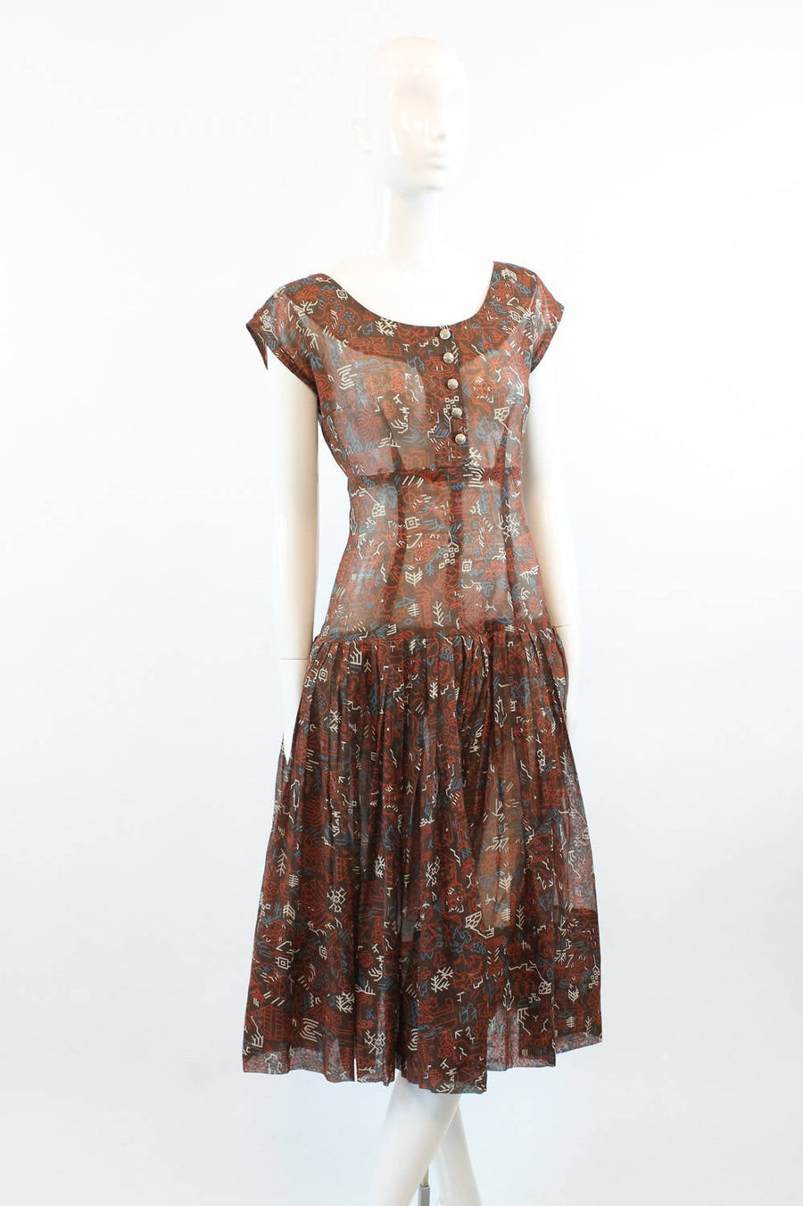 1940s tribal print dress small  | vintage cotton sheer dress