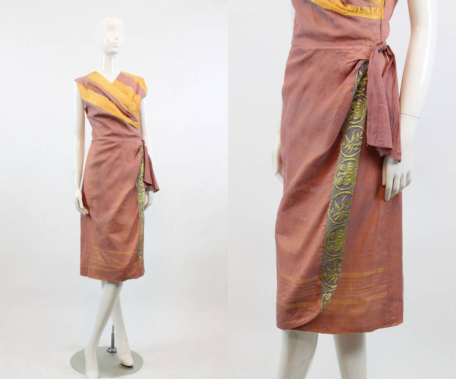 1950s  Indian sari silk dress xs | vintage sarong dress gold
