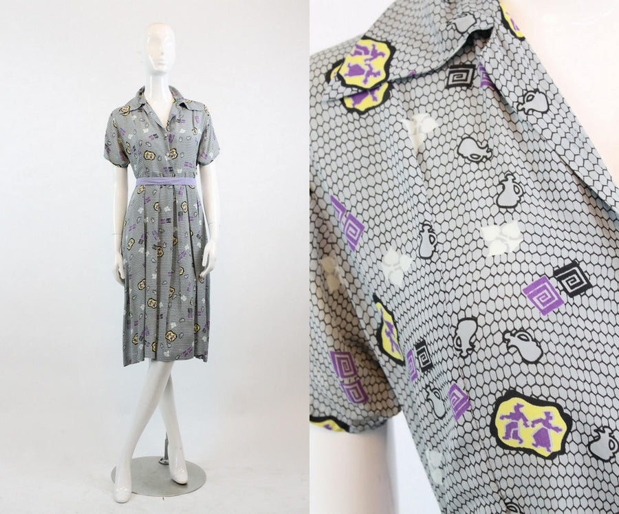 1940s FIGURES and URNS novelty print dress medium | new fall
