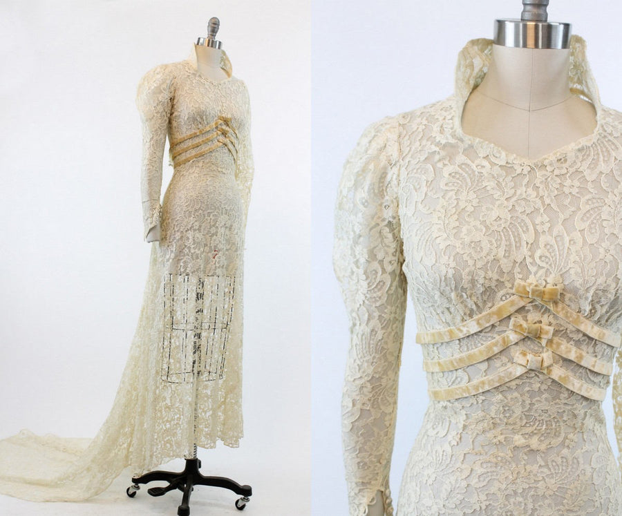 1930s wedding lace velvet dress | bridal gown with train | xxs