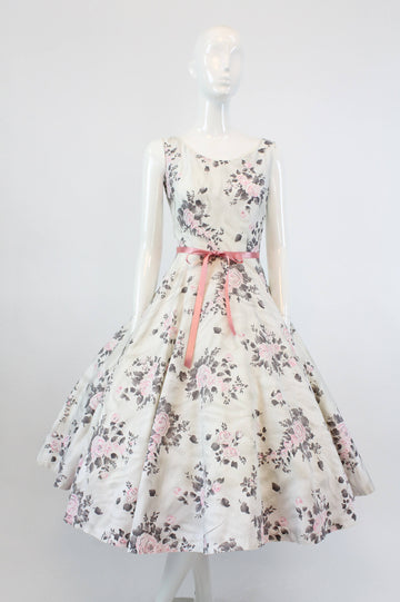 1950s rose print cotton dress | vintage full skirt dress | xs
