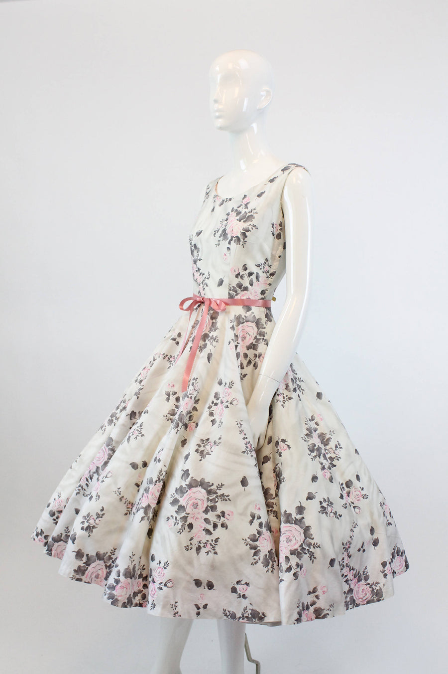 1950s rose print cotton dress | vintage full skirt dress | xs