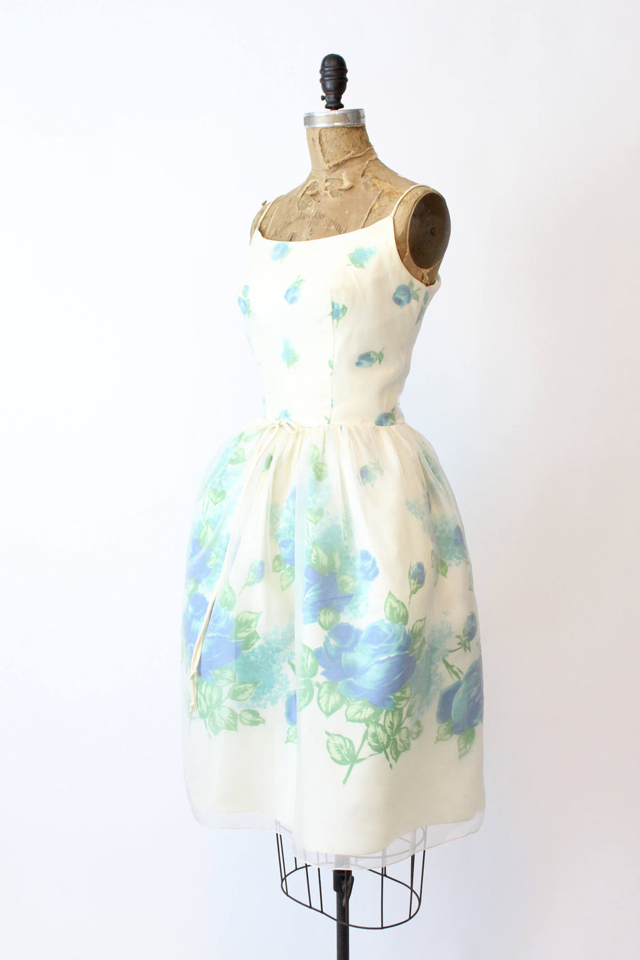 1950s blue roses dress | vintage organza cocktail dress | xs