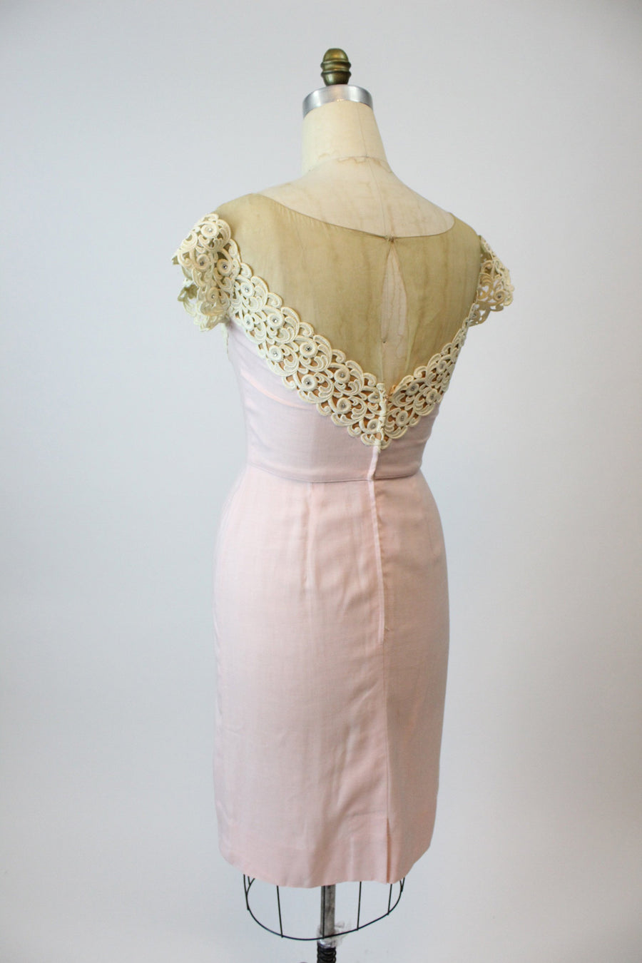 1950s Peggy Hunt dress | linen lace illusion neckline | medium