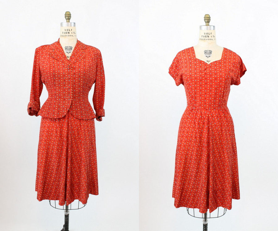1940s SPADES ARROW PRINT novelty print dress and matching jacket medium | new fall