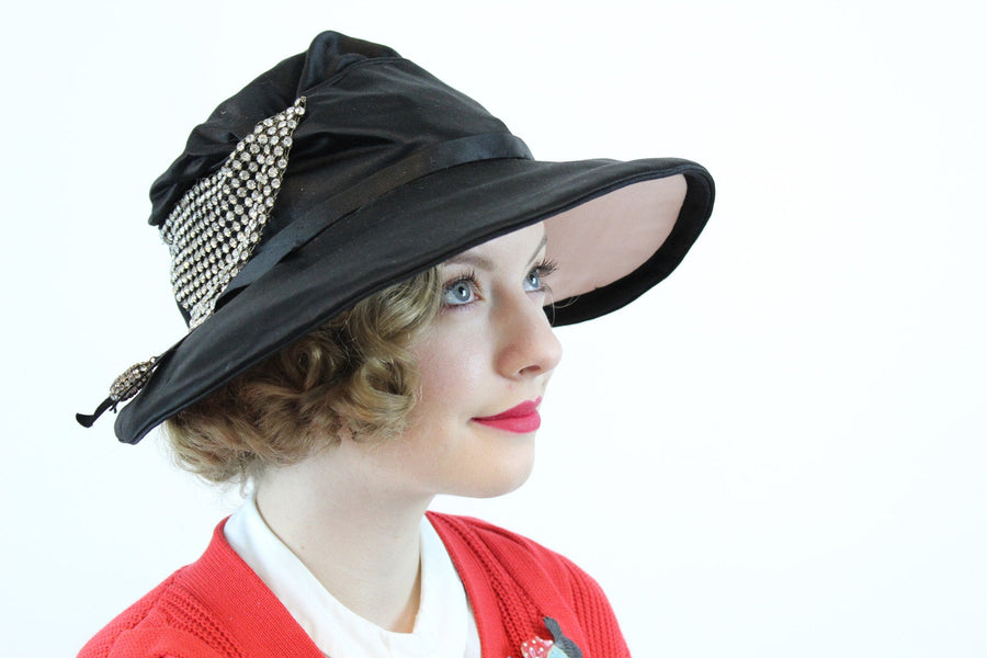 1920s wide brim hat | cloche rhinestone | satin saucer