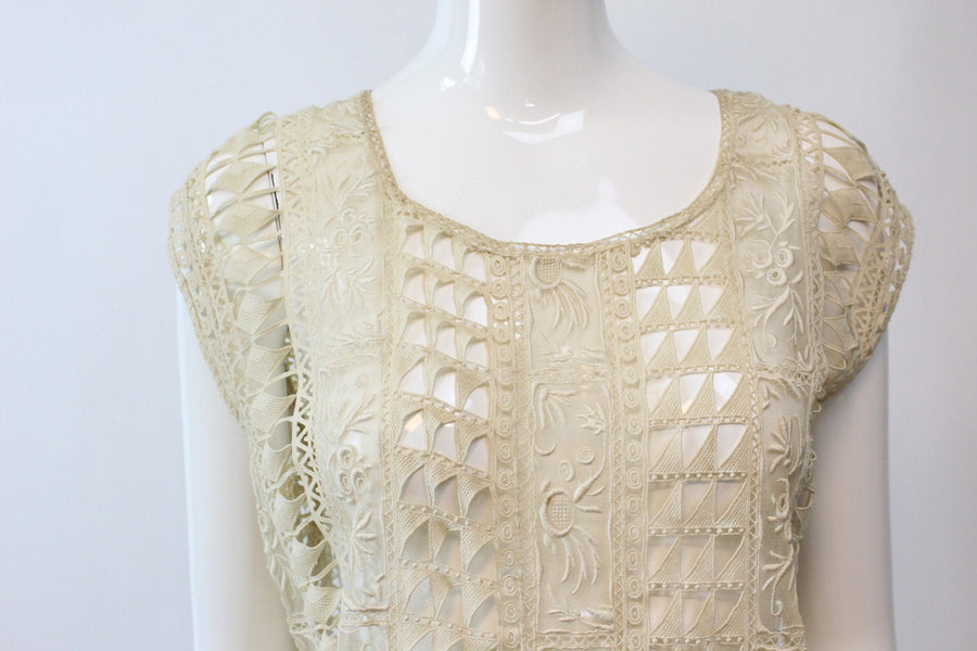 1920s embroidered lace dress | vintage net flutter skirt dropwaist | small medium
