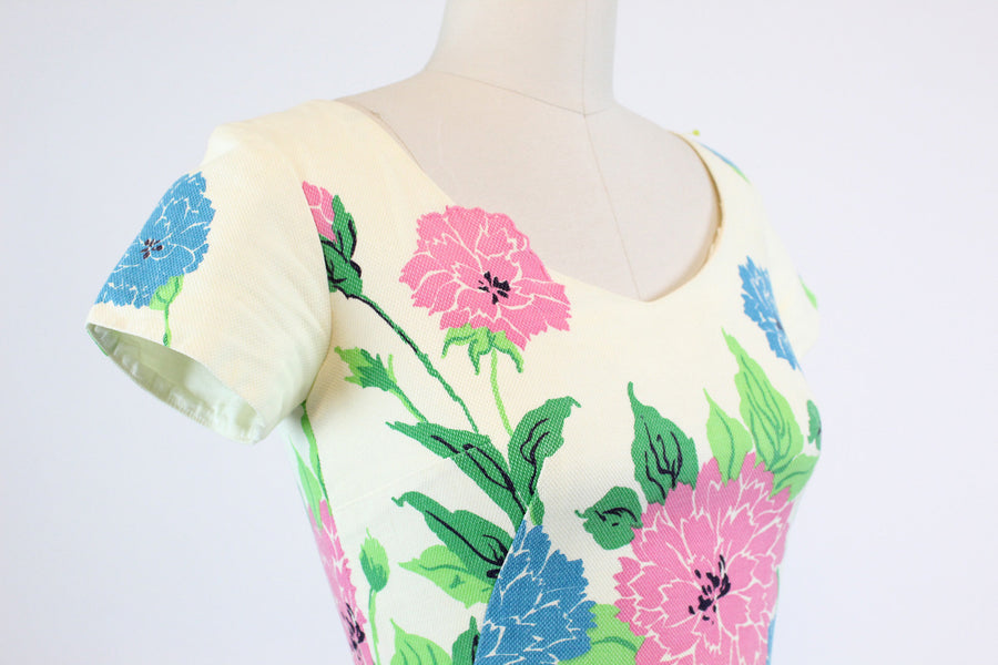 1950s floral cotton pique dress | vintage Jeanette Alexander wiggle dress | xxs