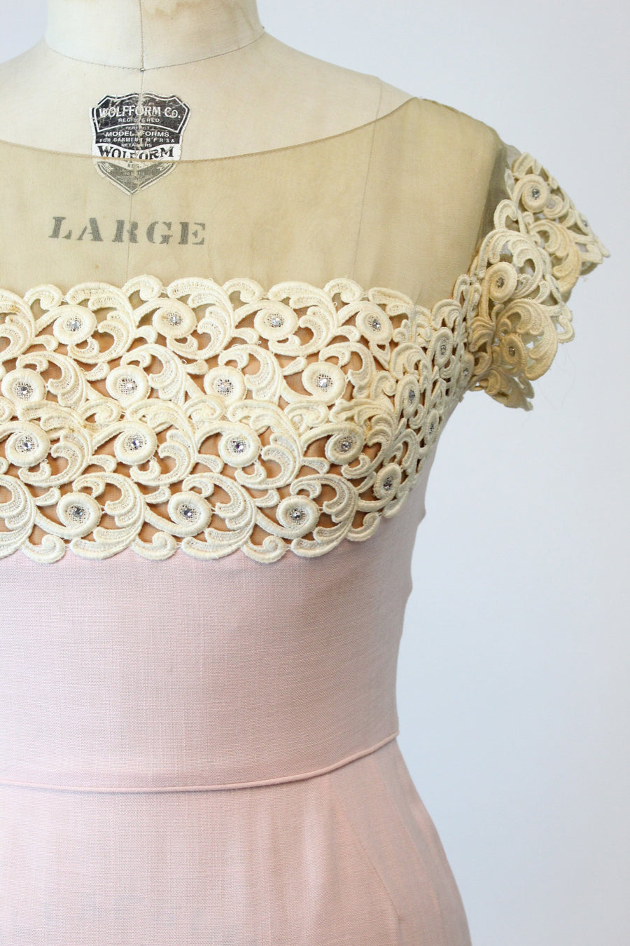 1950s Peggy Hunt dress | linen lace illusion neckline | medium