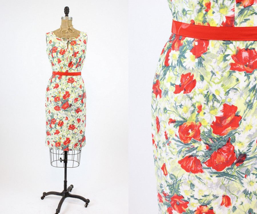 1950s rose print dress xs | vintage cotton floral wiggle dress