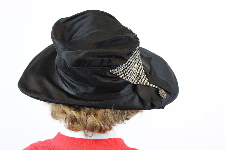 1920s wide brim hat | cloche rhinestone | satin saucer