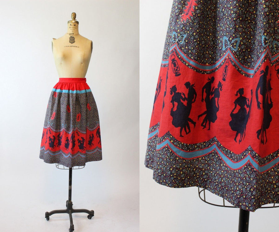 1950s barn dancing novelty print border skirt xs | vintage cotton full skirt