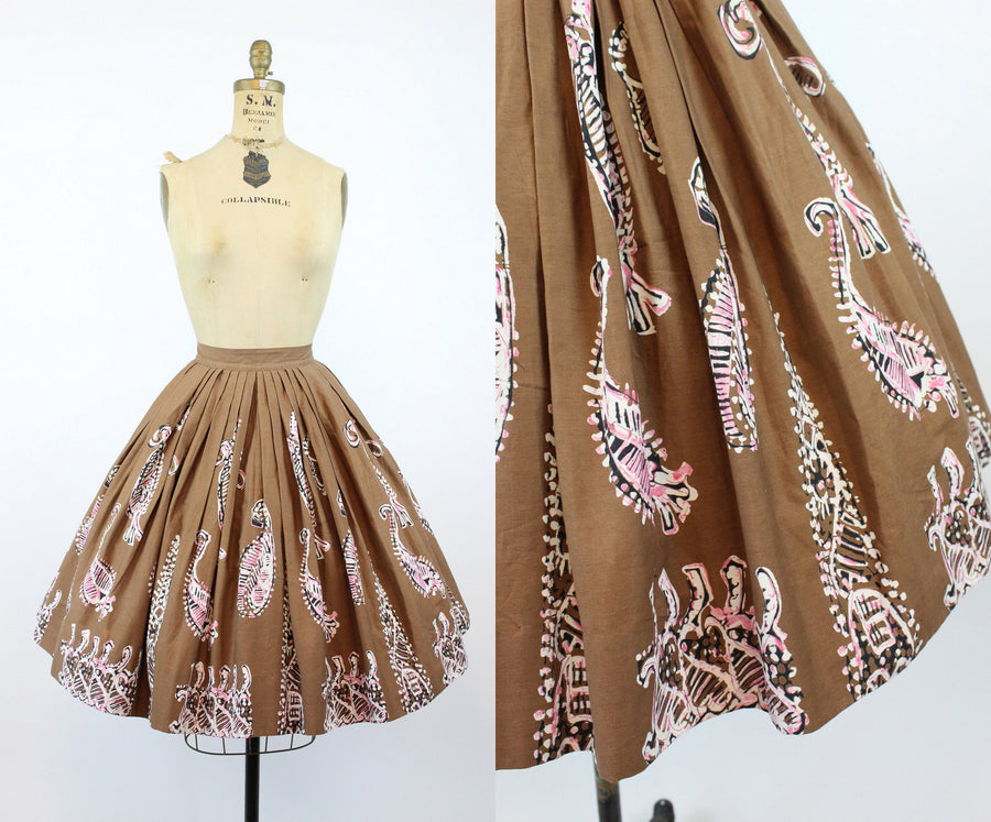 1950s FERN PRINT batik full cotton skirt small | new spring