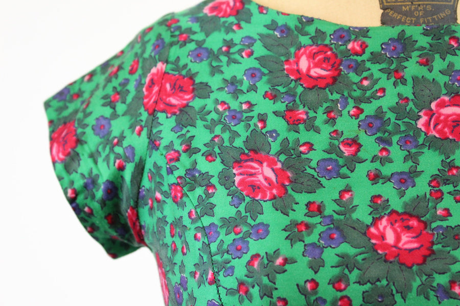 1950s rose print set dress xs | vintage novelty print two piece cotton