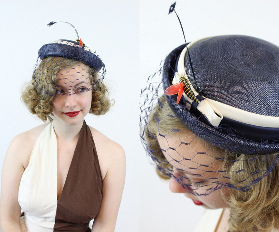 1960s straw tilt hat | vintage feather and bee fascinator