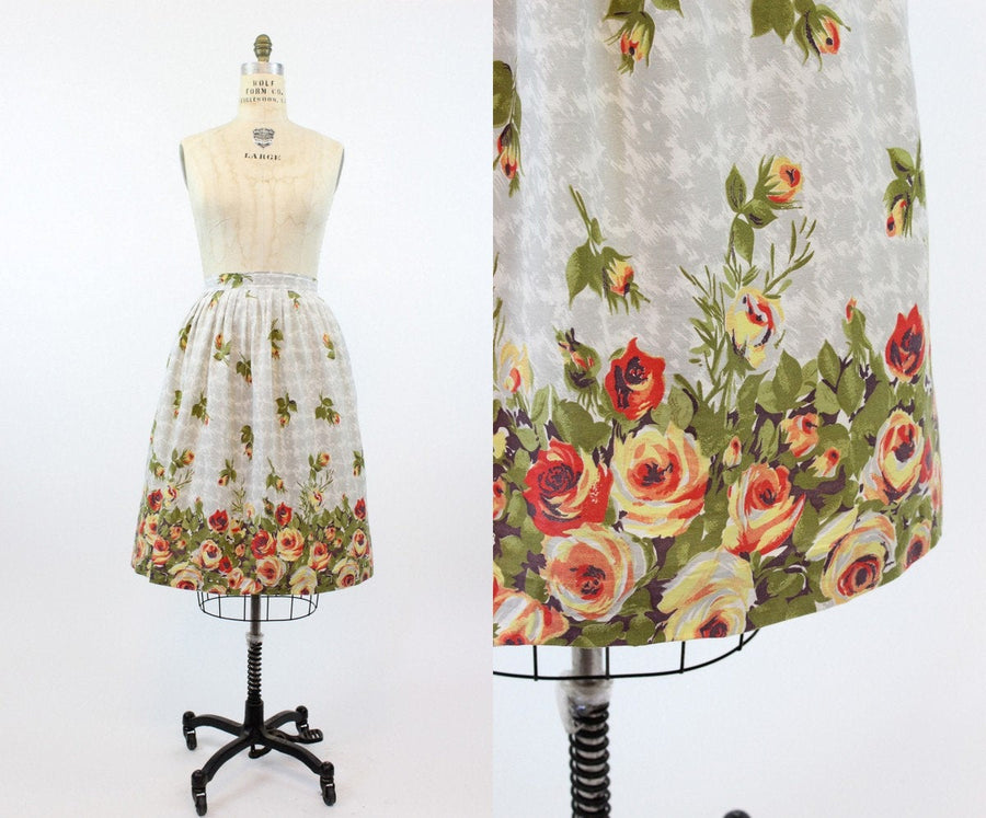1950s rose print skirt | border print | medium