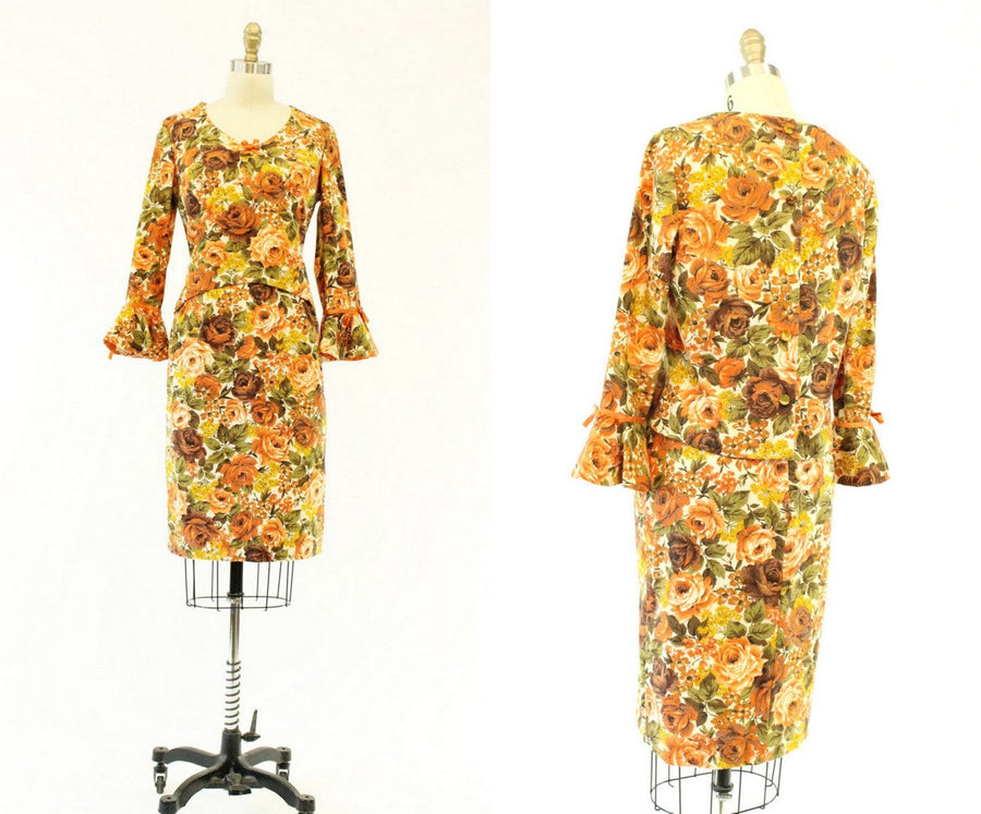1960s linen autumn floral suit | rose print jacket and skirt | small