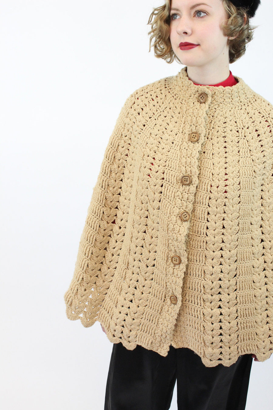 1960s knit cape | chunky camel knit jacket