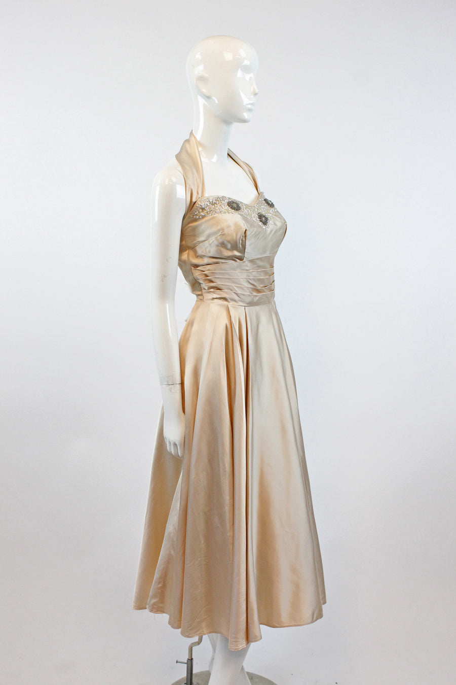 1950s nude satin beaded sequin halter dress | vintage wedding dress | xs