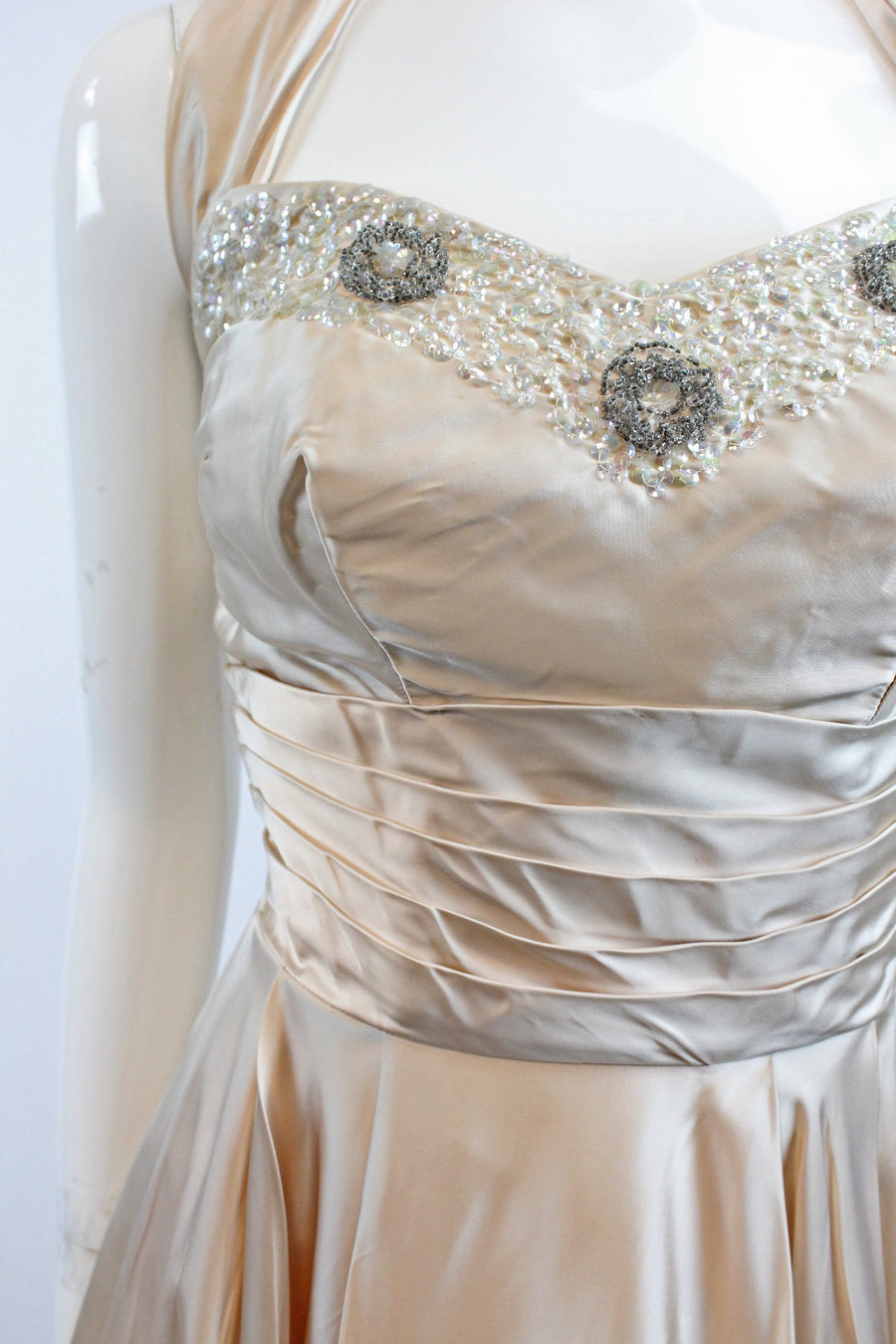1950s nude satin beaded sequin halter dress | vintage wedding dress | xs