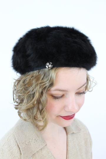 1950s fur hat beret button cap | new winter