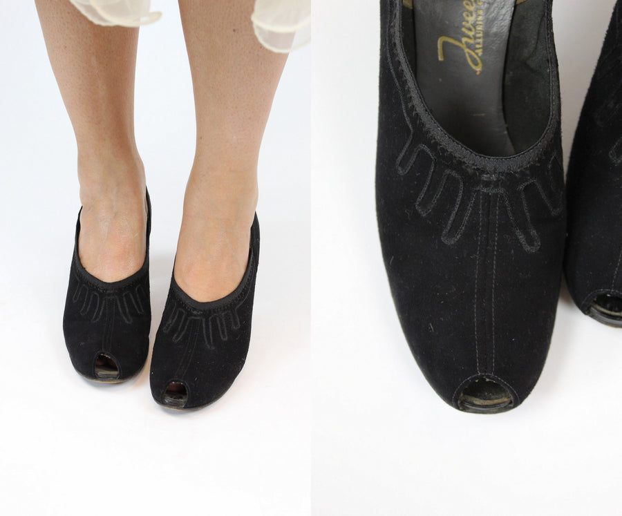 1930s suede peep toe shoes | vintage soutache pumps | size 6.5 us