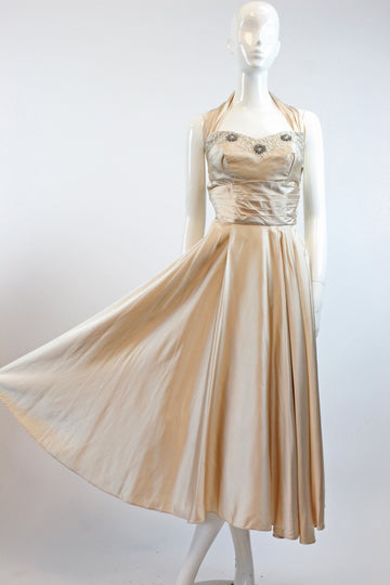 1950s nude satin beaded sequin halter dress | vintage wedding dress | xs
