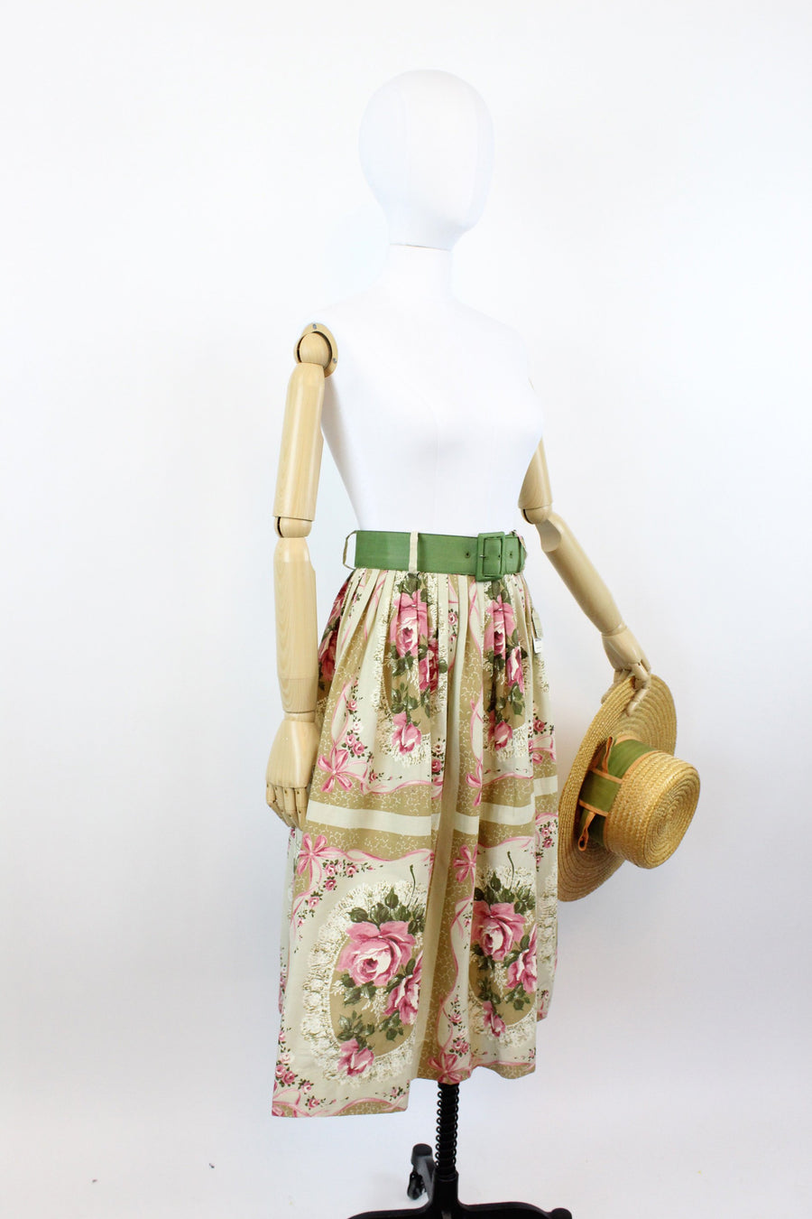 1950s deadstock rose print skirt | vintage novelty ribbon print skirt | xs