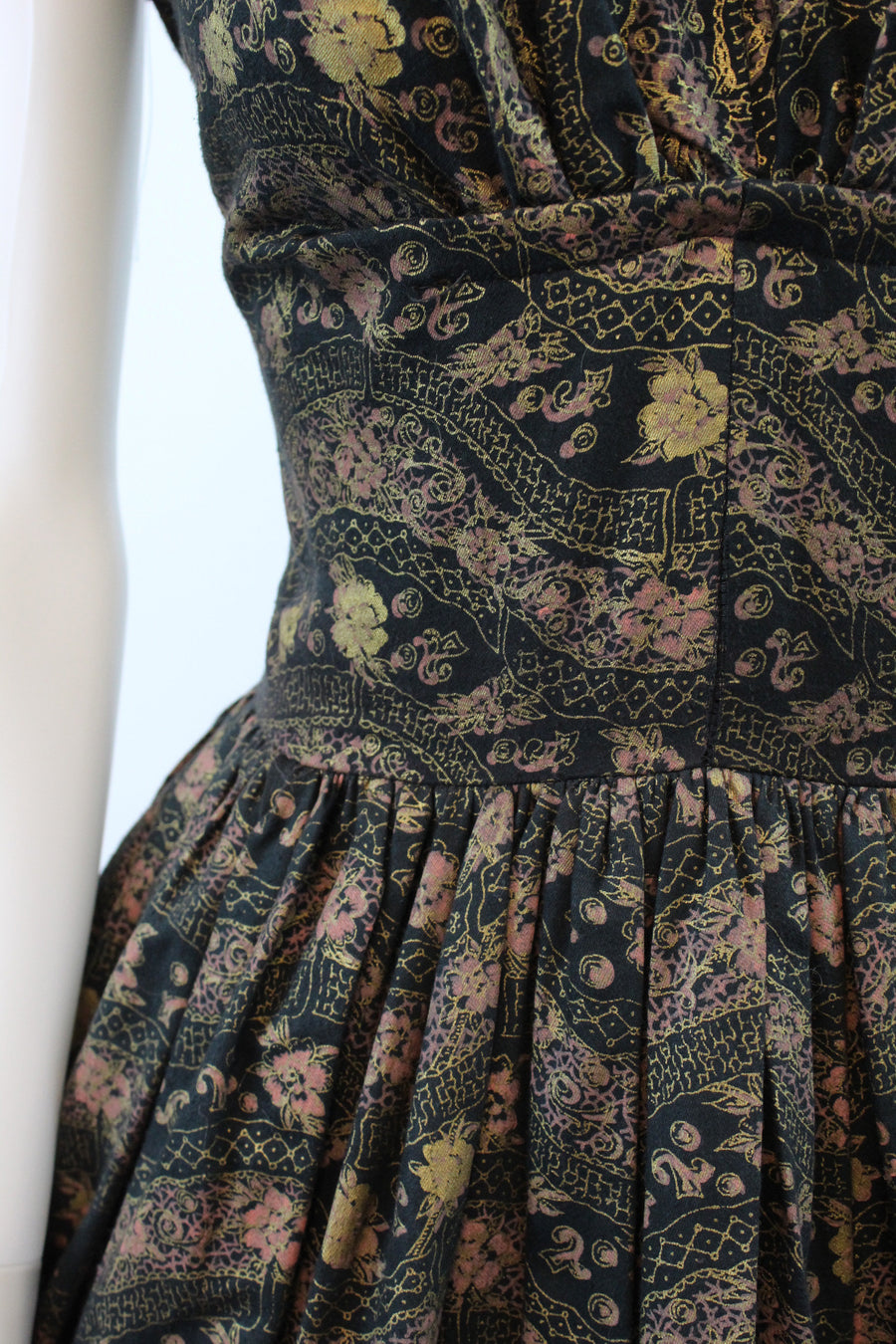 1950s Pat Hartley metallic floral dress | vintage full skirt asian dress | xs
