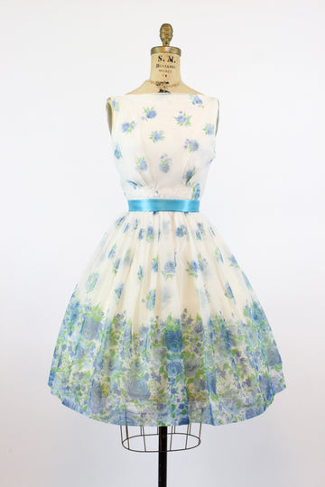1950s blue rose organza dress xs | new