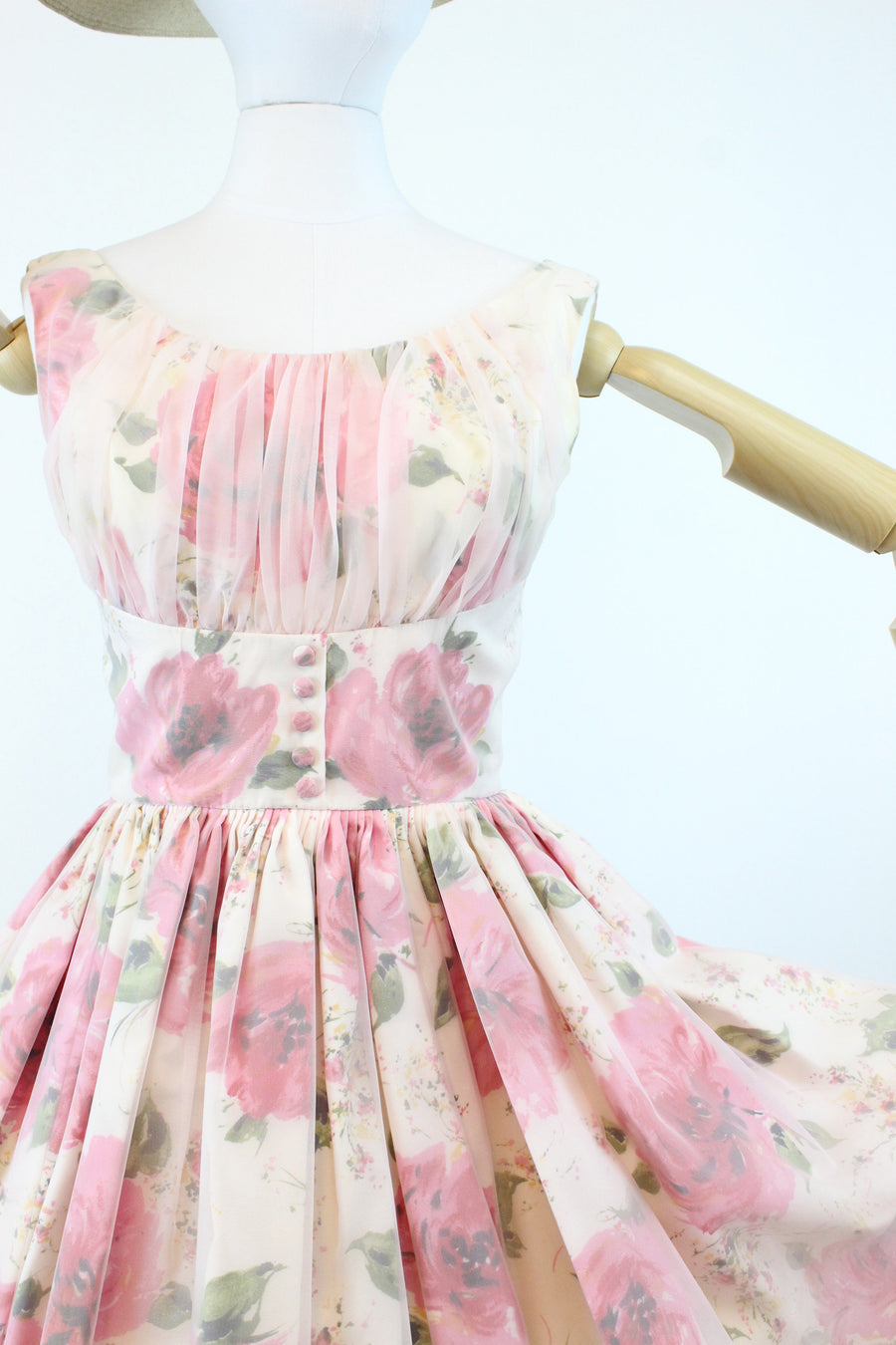 1950s rose print organza dress xs | vintage jr theme dress new