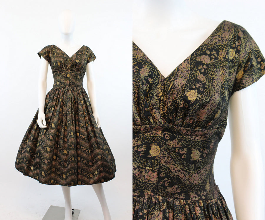 1950s Pat Hartley metallic floral dress | vintage full skirt asian dress | xs
