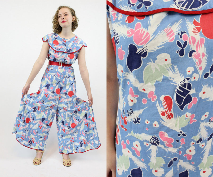1930s beach pajamas feather print | vintage novelty print jumpsuit small medium  | beach pyjamas cotton new in