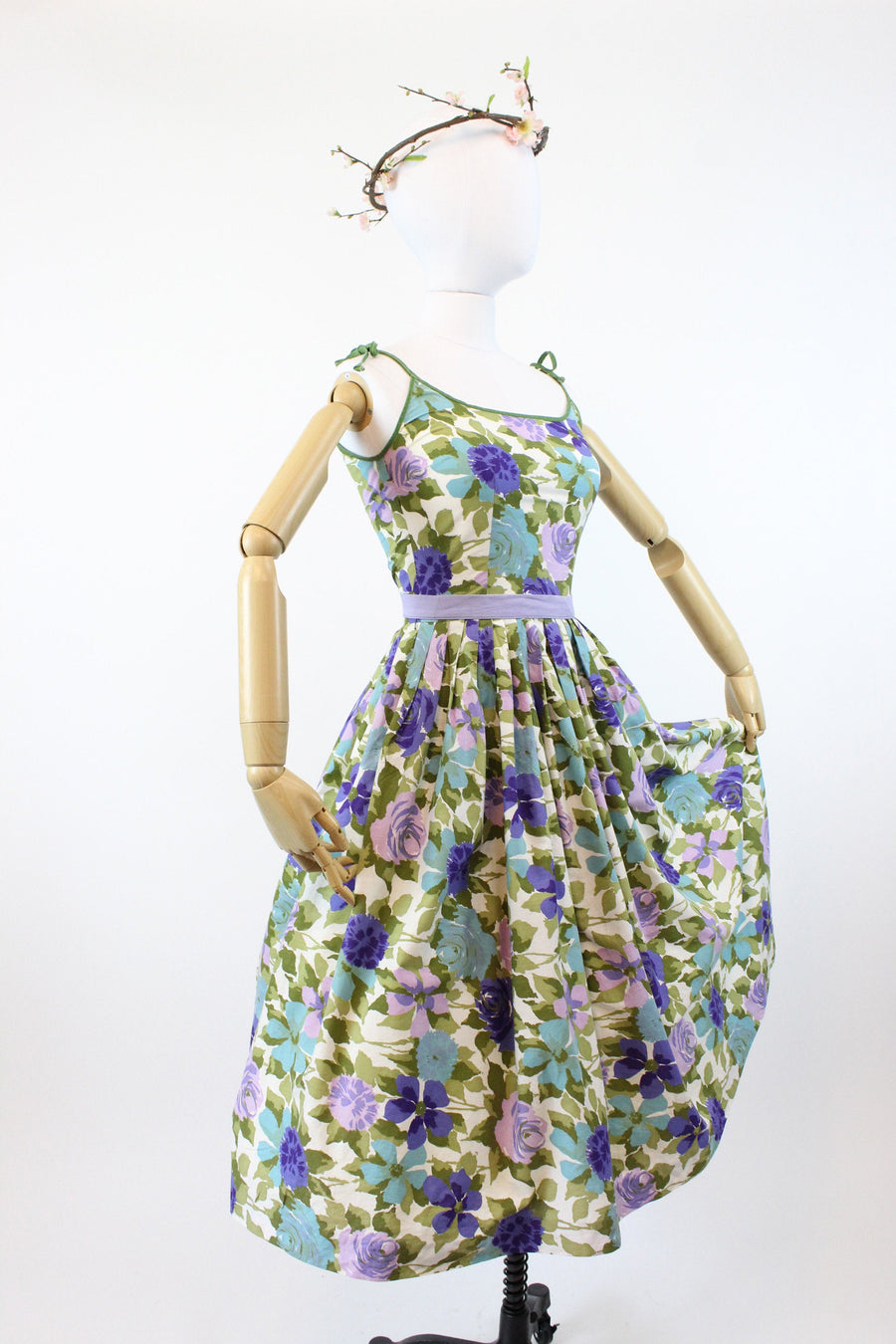 1950s floral dress | cotton rose print tie strap | xs
