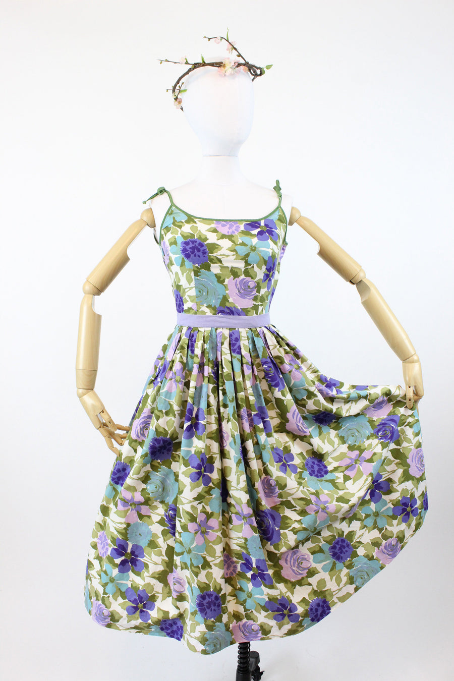 1950s floral dress | cotton rose print tie strap | xs