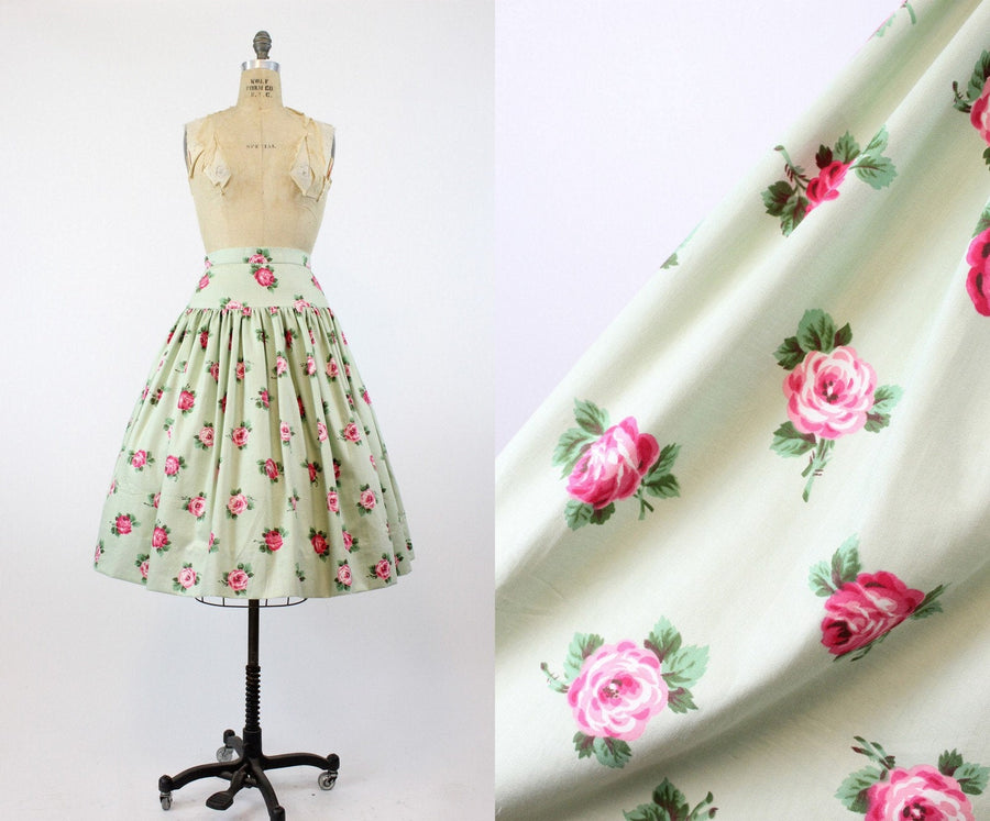 1950s rose print skirt xs | vintage pistachio chintz cotton skirt | new in