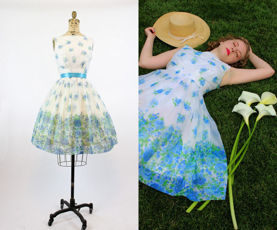1950s blue rose organza dress xs | new