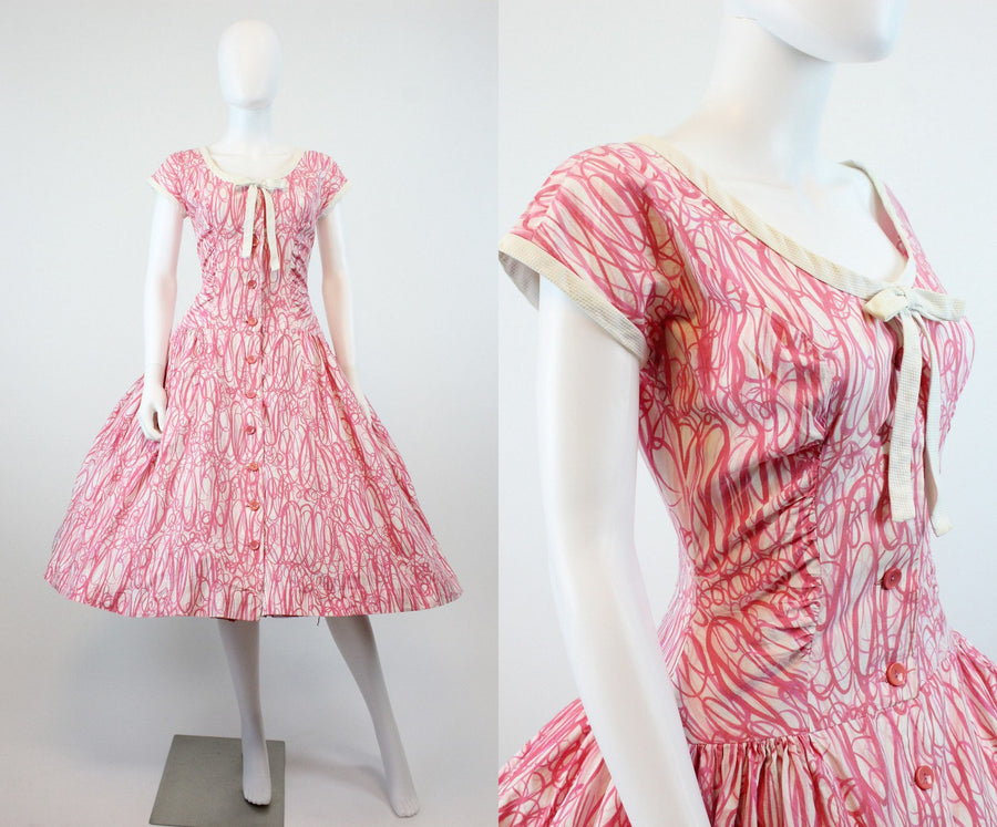 1950s Pat Hartley swirl dress small | vintage cotton button front dress | new in