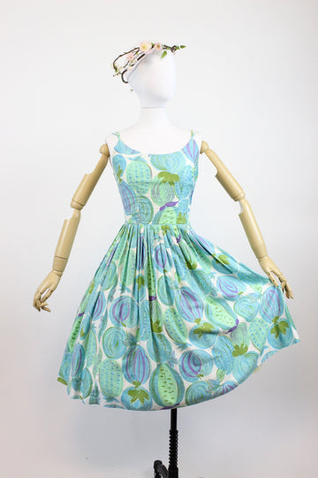 1950s cotton novelty print dress xs | vintage sun dress fruit and veges