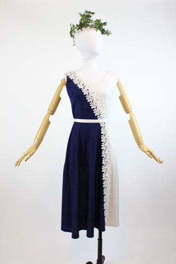 1940s linen dress xs | vintage applique lace and rhinestone dress | new in