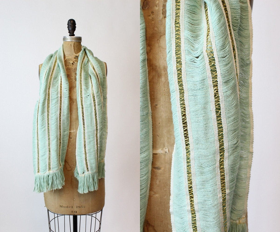 1950s gold and pistachio scarf | vintage fringe wrap