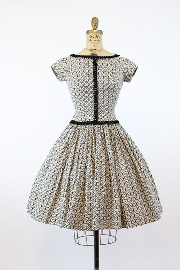 1950s lions and fluer de lys cotton dress xs | novelty print cotton full skirt | new in