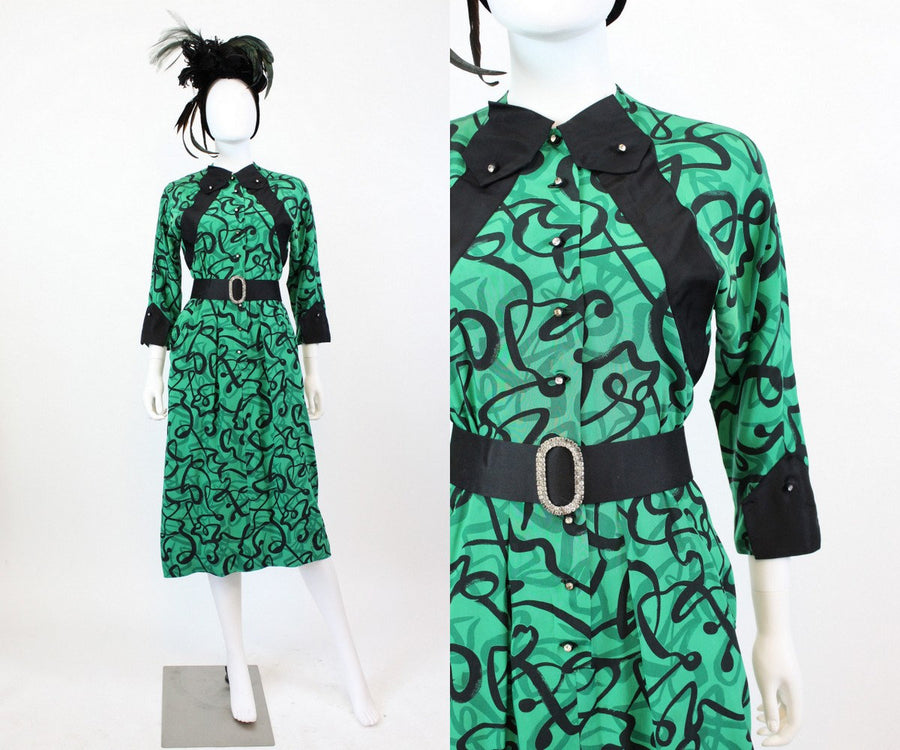 1940s green squiggle print dress xs | vintage rayon dress | new in