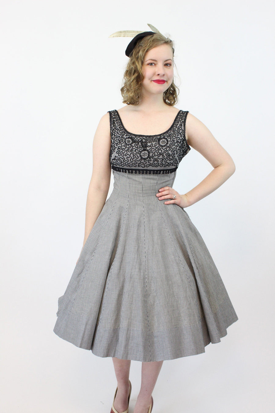 1950s gingham cotton soutache beaded dress xs | new spring